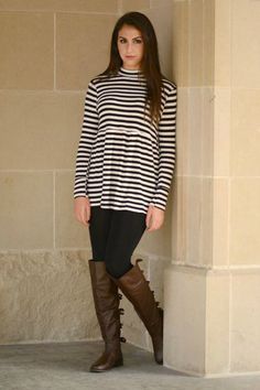 Lovely striped fall swing top. Cozy top for casual wear. Great modest top. Perfect with leggings and boots. Always free shipping on orders over $50! Long White Shirt, Modest Top, Black White Outfit, Cozy Tops, Preppy Casual, Dress First, Fashion Classy