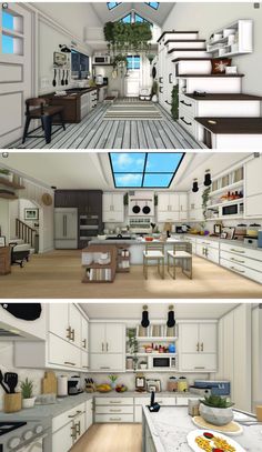 three different views of a kitchen and dining room from the same perspective, each with an open floor plan