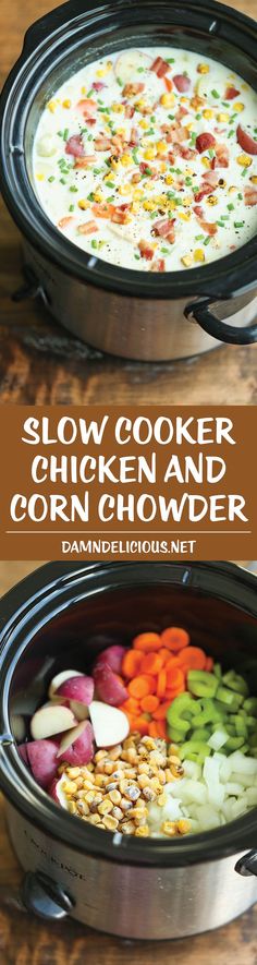 slow cooker chicken and corn chowder recipe in the crock pot with text overlay