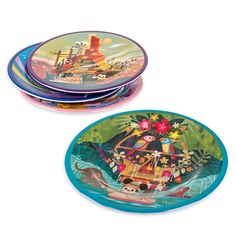 three plates with cartoon characters painted on them