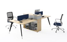 an office desk with two chairs next to it