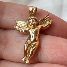 Beautiful Little Cherub Guardian Angel Pendant In Solid 10k Gold ( Stamped & Tested), Approx. 22.4mm Long Without Bale And Approx 29.1 Mm Long With Bale. Approx. 17.7mm At The Widest Part. Weights 1.9 Grams. Well Made, The Bail Is Not Small, So Can Accommodate Variety Of Your Chains .Very Cute Pendant !!! Angelic Gold Necklaces As Gifts, Angelic Gold Necklace For Gift, Elegant Gold Necklace With Angel Wings, Angelic Gold Pendant Jewelry, Angel Pendant Necklace, Angel Pendant, Guardian Angel, 10k Gold, Womens Jewelry Necklace