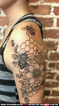 a woman's arm with flowers and bees on it