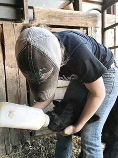 a woman is milking a baby cow