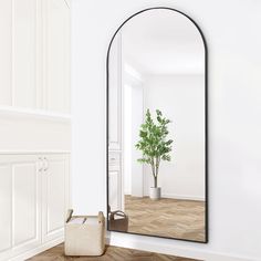 a mirror sitting on top of a wooden floor next to a vase with a plant in it