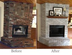 before and after pictures of a brick fireplace