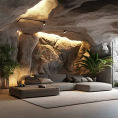 a living room filled with lots of furniture next to a wall covered in rock formations