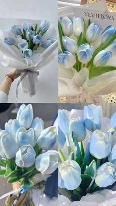 blue and white tulips are arranged in four different photos, each with a ribbon tied around them