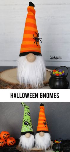 halloween gnomes made out of fabric and decorated with fake white hair, orange and black striped