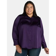 Update your closet with this Plus Size Satin Blouse from Terra & Sky that'll you'll be wearing to all of your events this season! This long-sleeve top features a button front and a collar that's easy to dress up or down for an effortless look that's ready to style. Sure to be a day-to-night favorite, pair it with your most flattering jeans, pants or skirts and you're ready for wherever the day or night may take you. Only at Walmart. Size: 1X.  Color: Purple.  Gender: female.  Age Group: adult. Satin Shirt Plus Size, Purple Blouse Plus Size, Purple Long Sleeve Relaxed Fit Blouse, Purple Relaxed Fit Button-up Blouse, Casual Purple Blouse 3/4 Sleeve, Tops For Women Casual, Lace Blouse Long Sleeve, Women Tie, Flattering Jeans