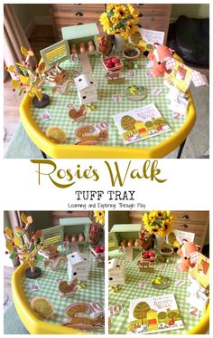 a yellow table topped with lots of different items