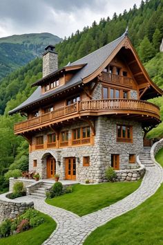 a stone house with wood trimmings on the roof and windows, surrounded by lush green hills