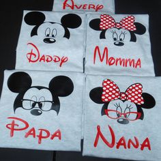 four mickey mouse shirts with the names of each child's name and their faces