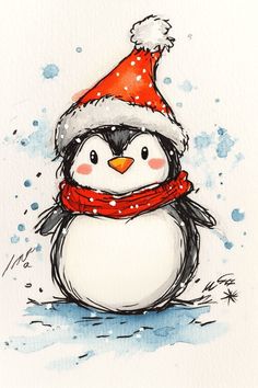 a drawing of a penguin wearing a santa hat and scarf with snowflakes on its head