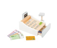 a toy cash register with money and credit cards