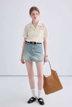 Light Blue Skirts, Fashion Bible, Balloon Sleeve Blouse, Denim Skirt Women, Yellow Shirts, Modest Fashion Outfits, Blue Skirt, Lace Shirt, Shirt Skirt