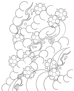 a black and white drawing of flowers with swirls in the middle, on a white background