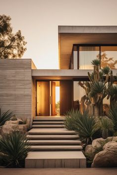 a house that has stairs leading to it and some plants in front of the house