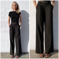 Zara High Waisted Wide Leg Trousers Pants In Black Size M New Without Tags! High-Waisted Pants With Front Pockets And False Back Welt Pocket. Wide Leg. Front Zip, Metal Hook, And Inside Button Closure. Tag Size: M Waist: 29in Inseam: 31.75 Leg Opening: 11.75in Office Wide Leg Black Pants, Black Wide Leg Office Pants, Black Wide Leg Full Length Pants For Office, Fitted Wide Leg Office Bottoms, Black Full Length Wide Leg Pants For Office, High Waist Black Wide Leg Pants For Office, Black High Waist Wide Leg Pants For Work, Tailored Black Full-length Bottoms, Black Tailored Full-length Bottoms