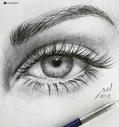 a pencil drawing of an eye with long lashes