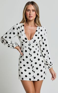 Robyn Mini Dress - Long Balloon Sleeve Plunge Neck Mini Dress in Black Spot Polka Dot Mini Dress, Basic Black Dress, Neon Outfits, Bachelorette Dress, Spring Maxi Dress, Spring Capsule Wardrobe, Dress Chiffon, Long Sleeve Knit Dress, Plunge Neckline