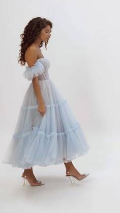 Light Blue Ruffled Tulle Midi Dress ➤➤ Milla Dresses - USA, Worldwide delivery Blue Tulle Midi Dress, Light Blue Dress Formal Short, Tulle Gown Bridesmaid, Light Blue Ruffle Dress, Light Blue Tulle Dress, Blue Organza Dress, Bridesmaid Dresses Light Blue, Ruffle Bridesmaid Dress, Light Blue Dress Formal