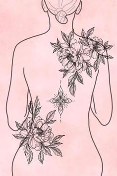 a drawing of a woman with flowers on her back