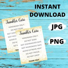 two gold glitter printables with the words instant cake and jamber care on them