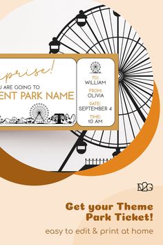 an editable golden voucher with a Ferris wheel and other graphics depicting an amusement park. Amusement Park Ticket, Gift Voucher, Reveal Ideas, Printable Coupons, Change Text, Theme Parks, Gift Vouchers