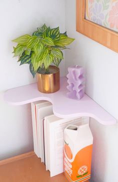 a potted plant sitting on top of a white shelf next to a box of milk