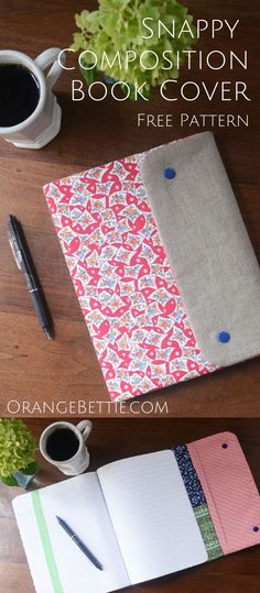 an open notebook sitting on top of a wooden table next to a cup of coffee