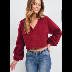 Long Puff Sleeve V Neck Fuzzy Pullover Crop Top! Dorm Ready, College, School, Casual, Warm And Cute! Adorable With Jeans Or Leggings. 100% Polyester Made In Usa Pullover Crop Top, Camo Crop Top, Fuzzy Pullover, White Crop Tank, White Crop Top Tank, White Peplum, College School, Bralette Crop Top, Crop Top Tees