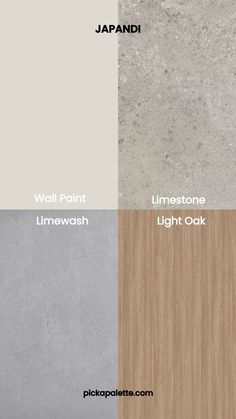 the different colors of wood and stone in japan, with text that reads wall paint limewash light oak