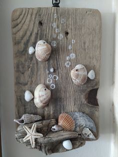 a wooden plaque with seashells and bubbles on it