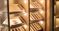 a display case filled with lots of wooden shelves covered in lights and jewelry boxes next to each other