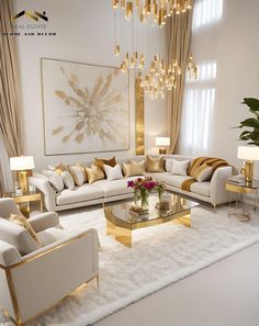 a living room filled with lots of white furniture and gold accents on top of it