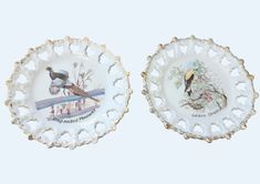 two porcelain plates with birds painted on them