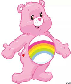 a pink teddy bear holding a rainbow ball