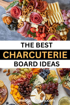 Two photos of Charcuterie Boards. Text says, "The Best Charcuterie Board Ideas montanahappy.com" Meat Only Charcuterie Board, Unique Charcuterie Boards, Charcuterie Board For Winery, Meat Cheese Veggie Charcuterie Board Ideas, Easy Charcuterie Board Ideas, Best Charcuterie Board Ideas, Charcuterie Board Themes, The Best Charcuterie Board, Meat Cheese And Fruit Charcuterie Board