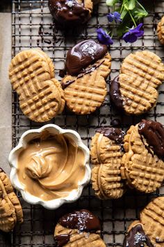 peanut butter and chocolate covered waffles on a cooling rack