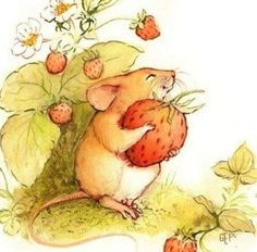 a mouse with strawberries on it's back and some flowers in the background