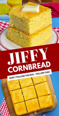 two pieces of cornbread on a plate with the words jeffy cornbread don't follow the box - follow this