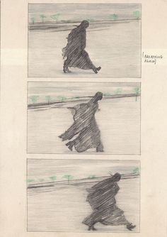 two drawings of a person walking in the snow