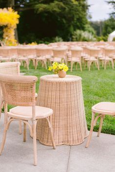 tables and chairs are set up outside for an outdoor wedding reception with yellow flowers in the center