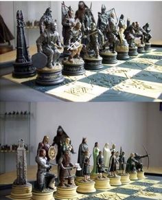 two pictures of the same chess board with different figurines on top and bottom