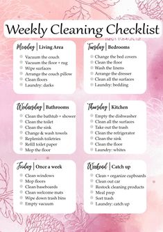 the weekly cleaning checklist is shown in pink and white