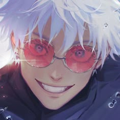 an anime character with white hair and red glasses smiles at the camera while wearing shiny eyeglasses