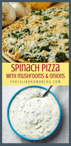 spinach pizza with mushrooms and onions in a blue bowl