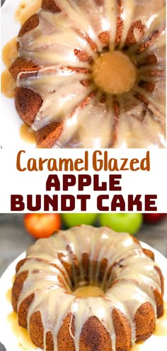 an apple bundt cake with caramel glaze on top