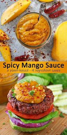 the spicy mango sauce is on top of a hamburger with lettuce and tomatoes